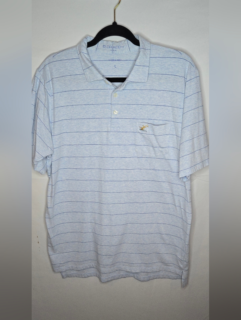 B. Draddy Men's Large Pima Cotton Light Blue Striped Polo Summer Shirt